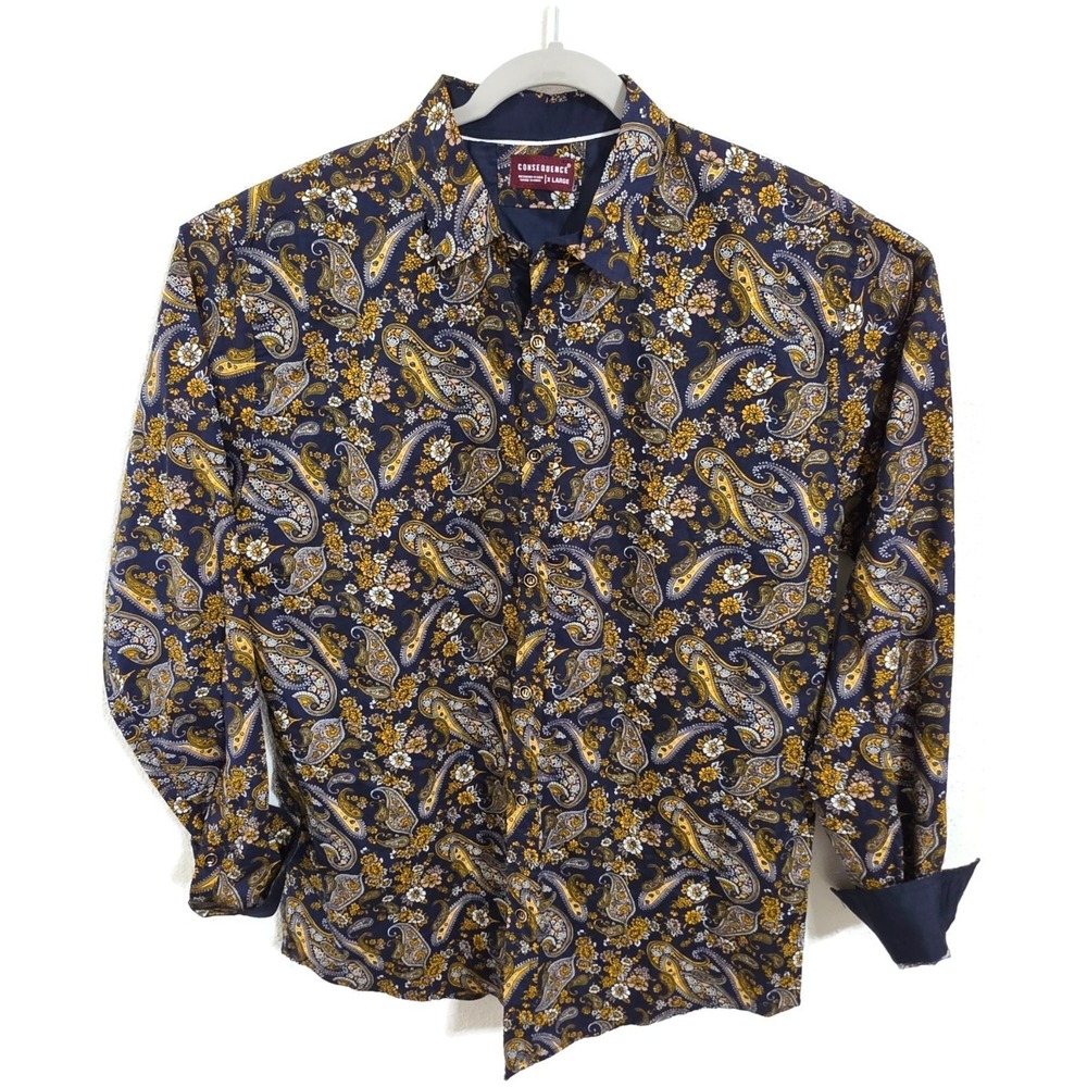Consequence Shirt Mens XL Blue Paisley Long Sleeve Button Front Casual Woven